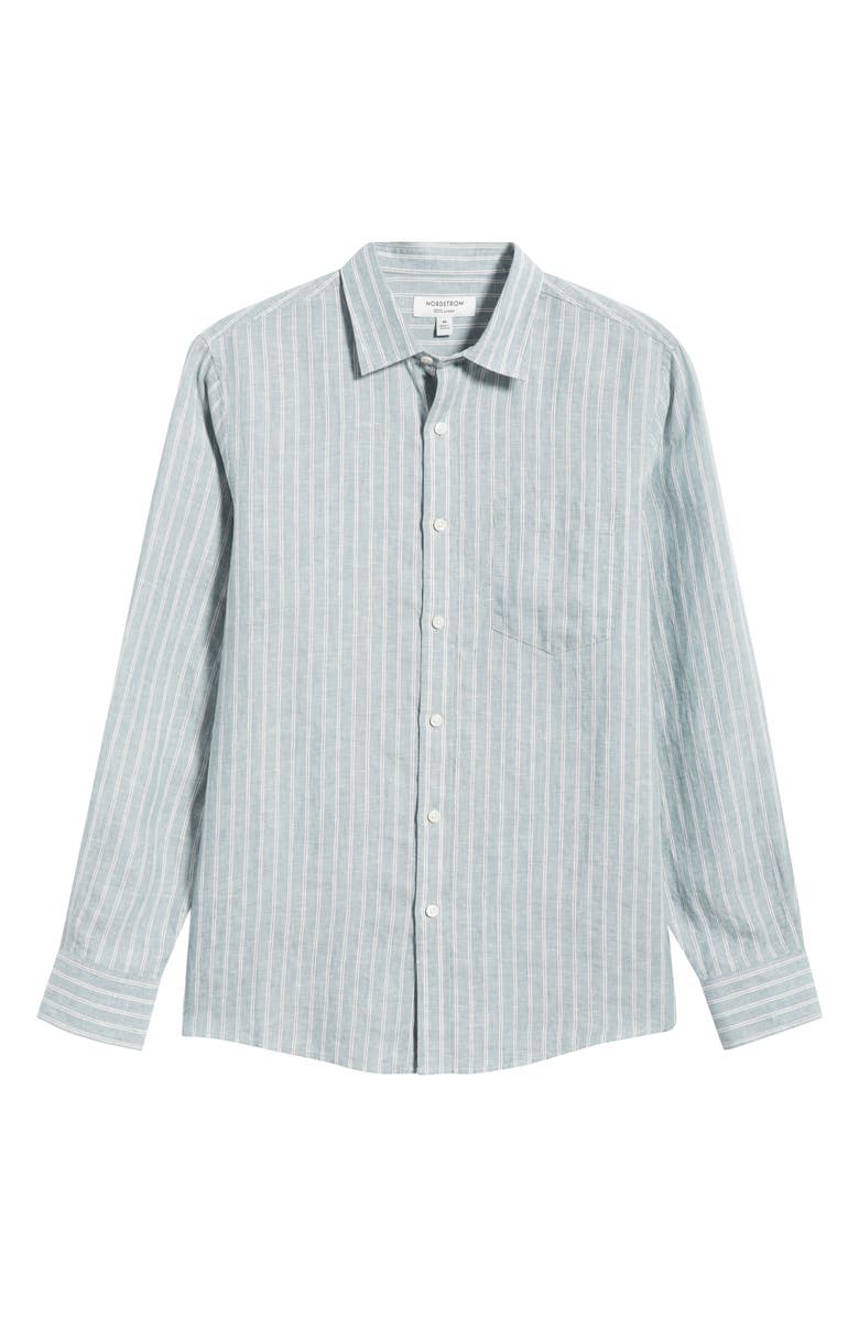Nordstrom Pinstripe Linen Button-Up Shirt, Alternate, color, Blue Spruce Cliff Stripe