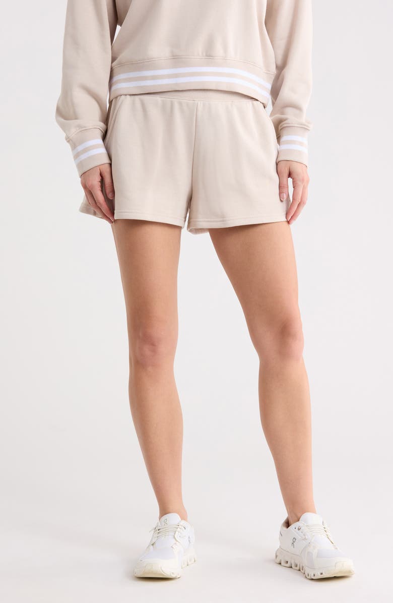 90 DEGREE BY REFLEX Stripe High Waist French Terry Shorts, Main, color, Mist Sand-White Dove