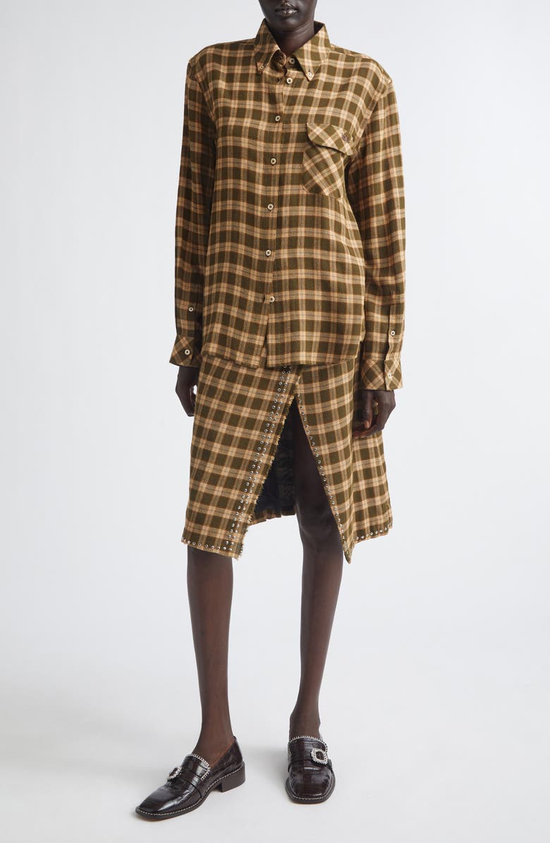 Wales Bonner Ritual Plaid Button-Down Shirt, Alternate, color, Jade/ Ocre/ Oyster