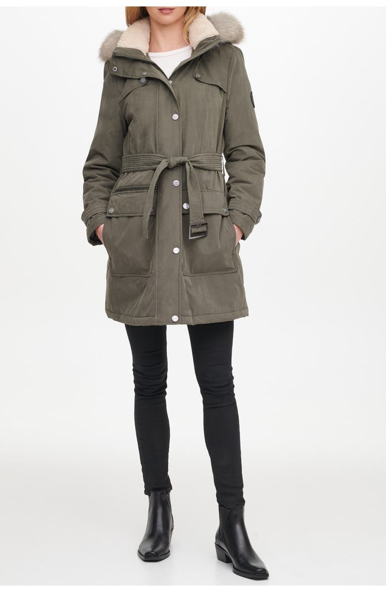 DKNY Belted Faux Fur Trim Hood Anorak | Nordstromrack