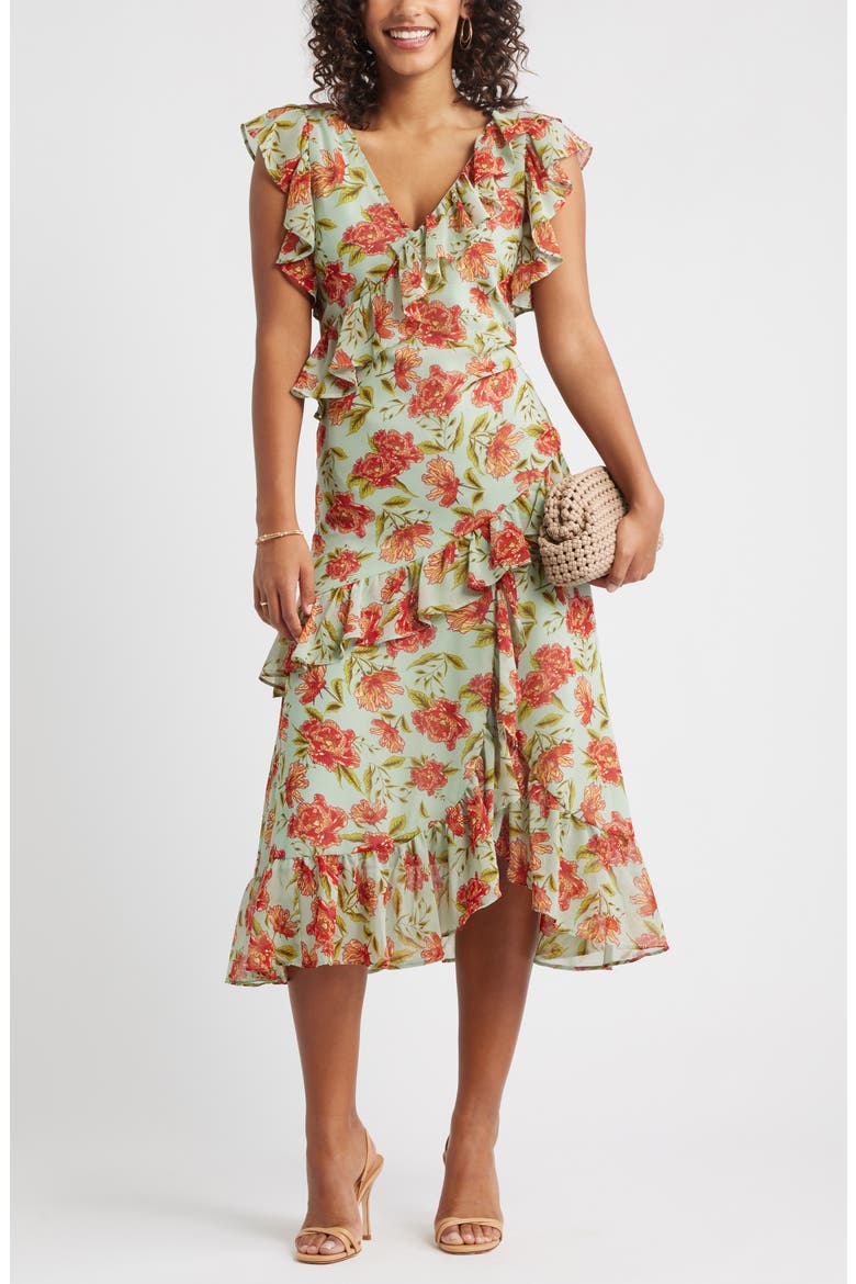 Ruffle Tiered Chiffon Midi Dress, Main, color, GREEN- RED FRANNIE FLORAL