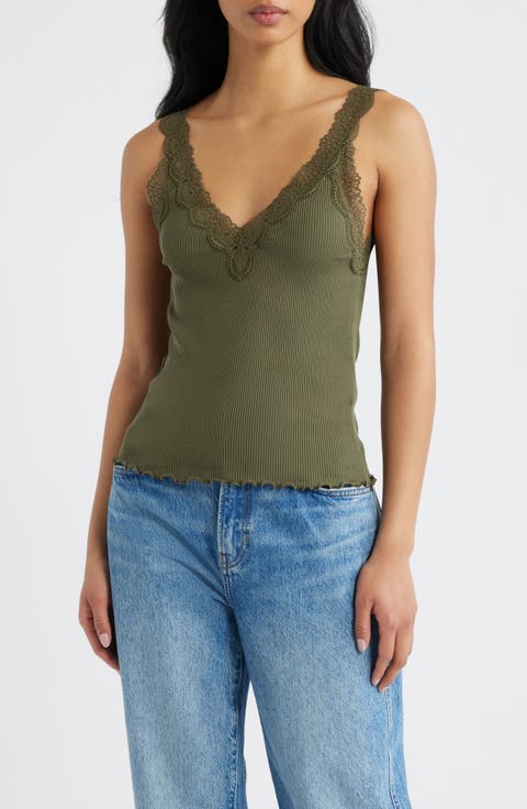 V-Neck Lace Cotton Blend Tank