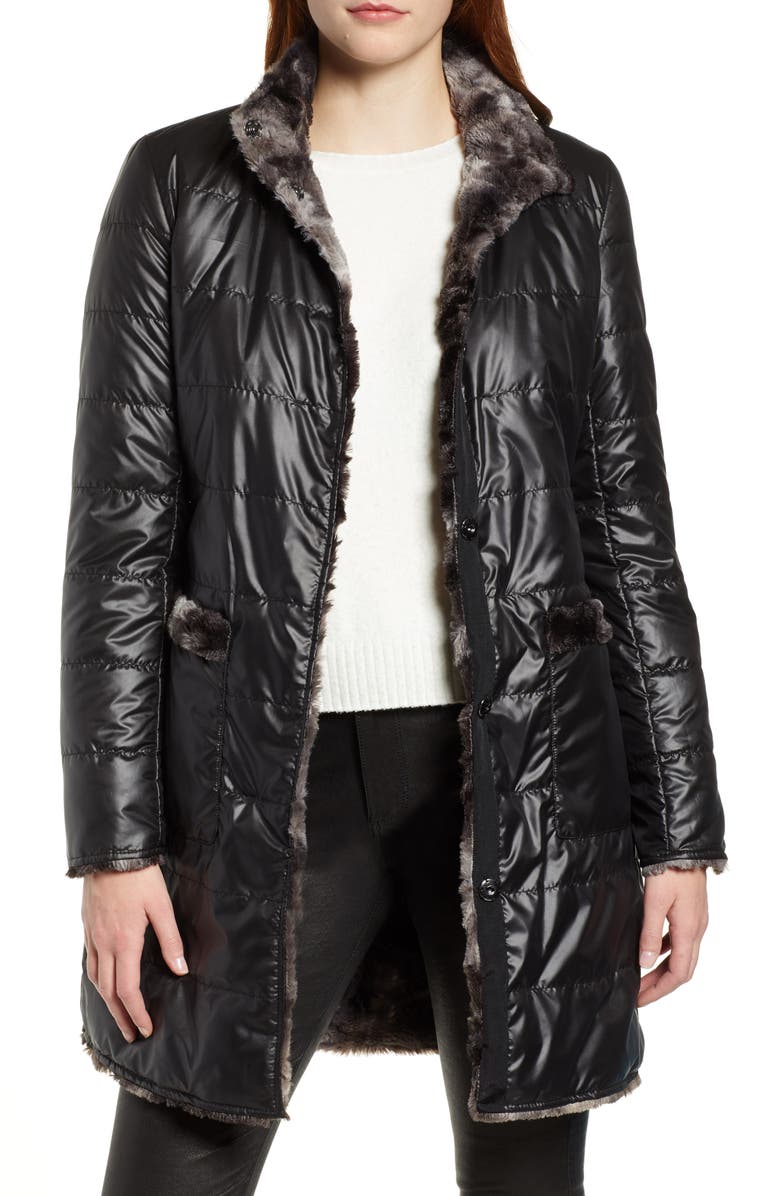 Via Spiga Reversible Faux Marled Fur Coat, Alternate, color, 