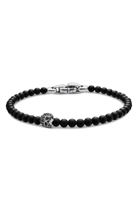 Memento Mori Skull Bracelet in Sterling Silver with Black Onyx and Pavé Black Diamonds