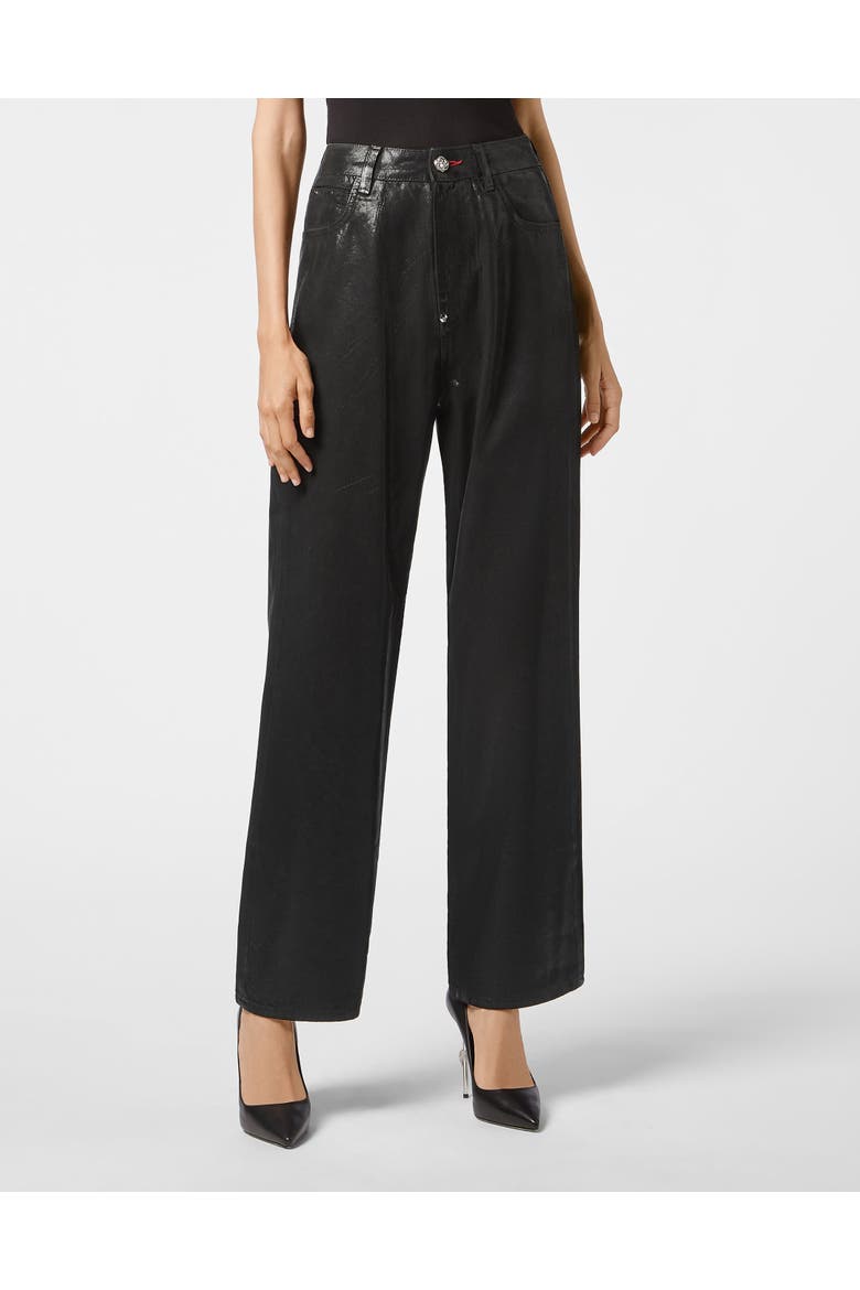 Denim Trousers Loose Fit Iconic Plein Women, Main, color, BlackInk