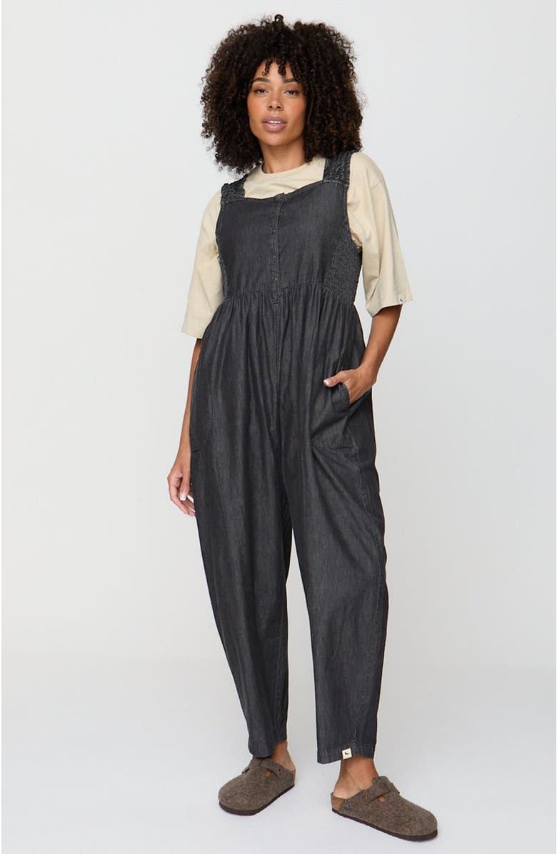 Turtledove London Organic Cotton Alice Denim Smocking Strap Jumpsuit, Alternate, color, Black
