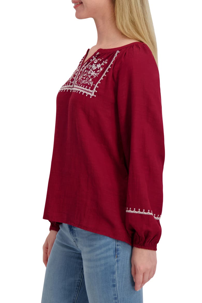 Embroidered Long Sleeve Cotton Blend Top, Alternate, color, BURGUNDY