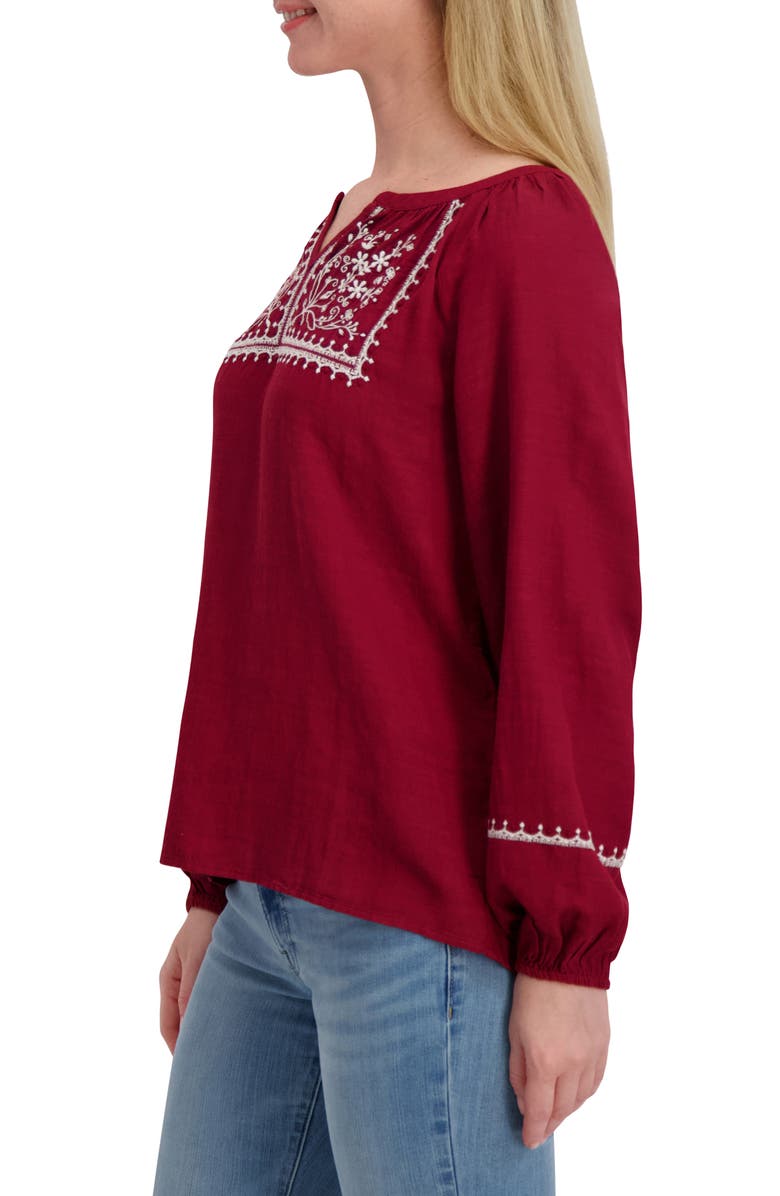 Lucky Brand Embroidered Long Sleeve Cotton Blend Top, Alternate, color, Burgundy