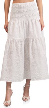 Avec Les Filles Embroidered Eyelet Smocked Cotton Midi Skirt