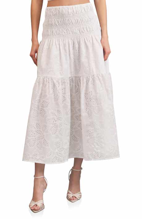 Avec Les Filles Embroidered Eyelet Smocked Cotton Midi Skirt