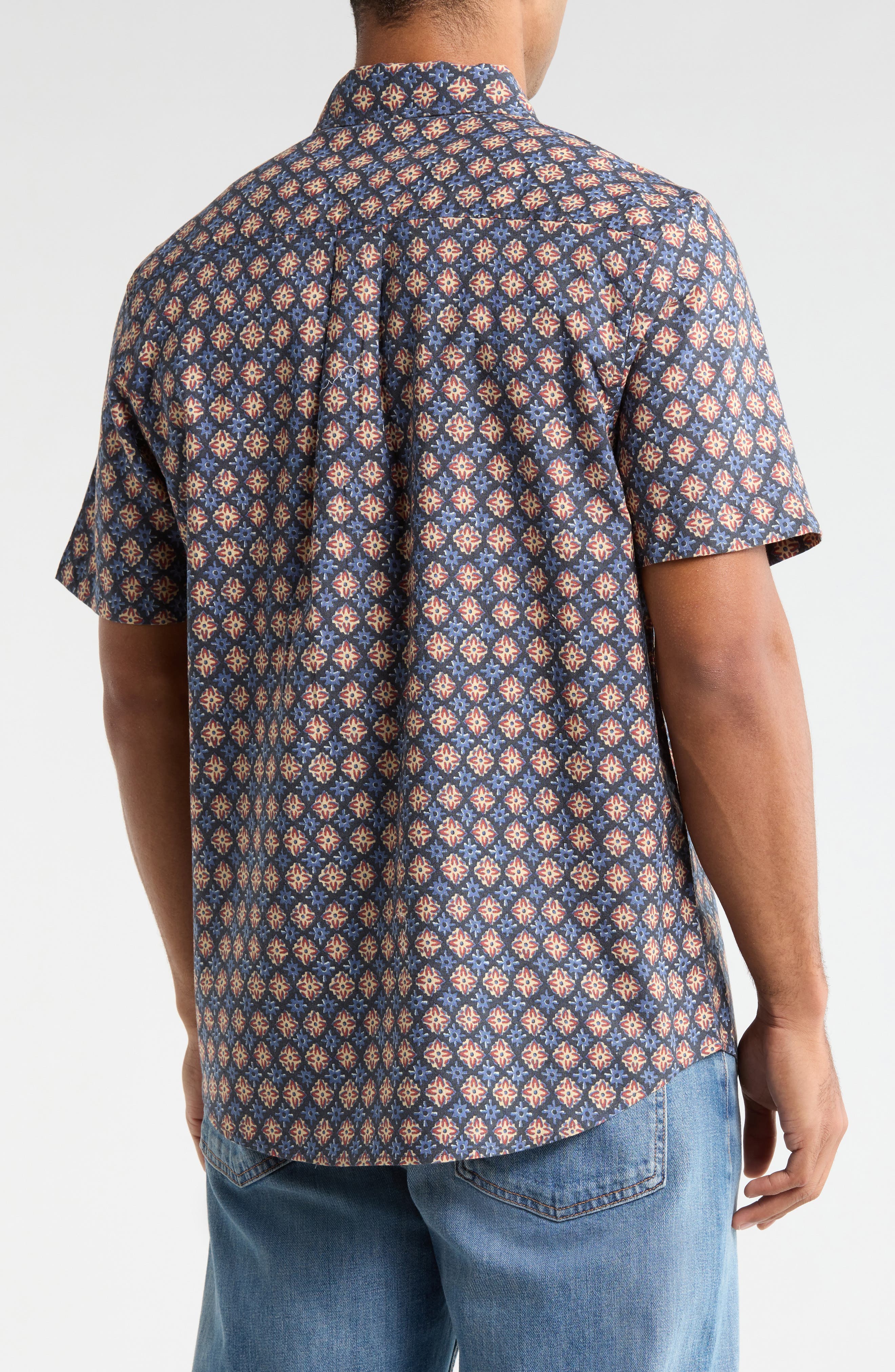 Medallion Short Sleeve Linen & Cotton Button-Up Shirt - image 4