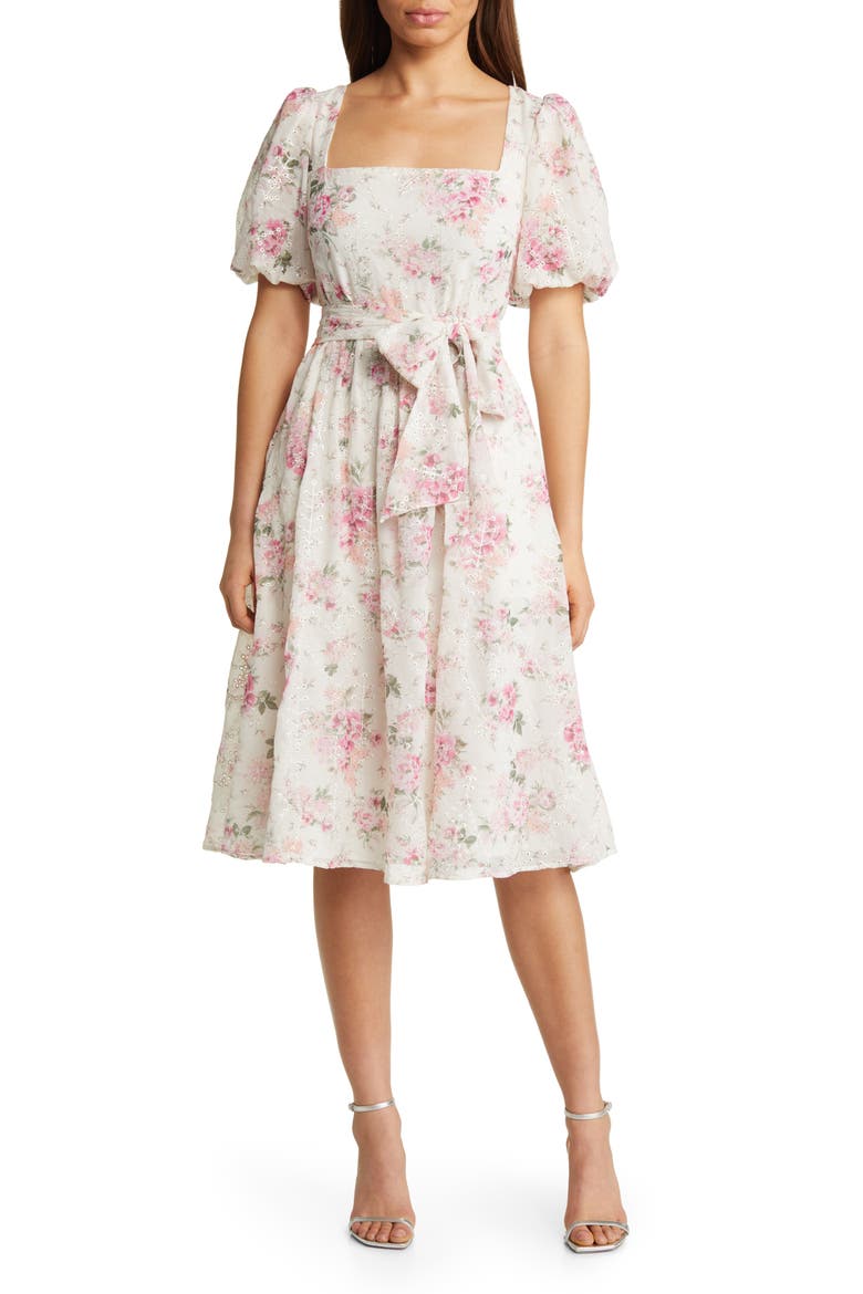 Floral Eyelet Puff Sleeve Midi Dress, Main, color, IVORY MULTI