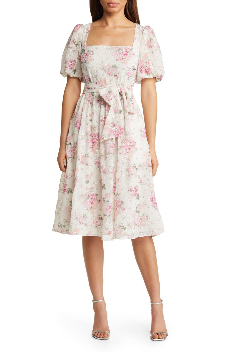 Eliza J Floral Eyelet Puff Sleeve Midi Dress, Main, color,