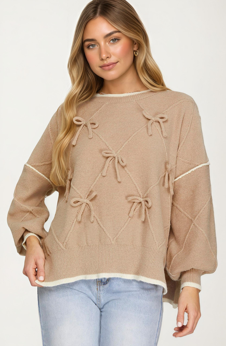 Knit and Lounge Bow Detail Knit Sweater with Contrast Trim, Main, color, Beige