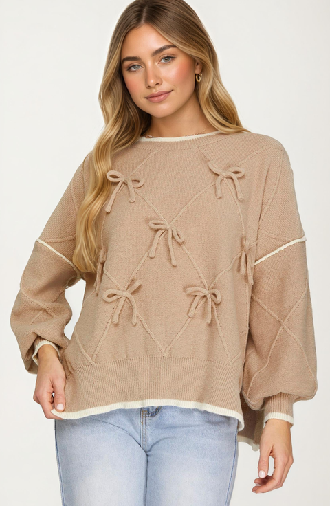 Bow Detail Knit Sweater with Contrast Trim