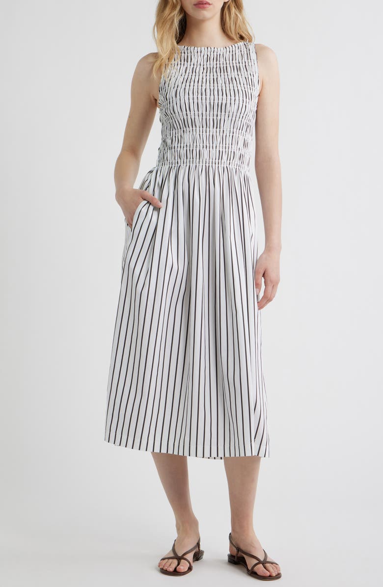 Madewell The Melody Smocked Sleeveless Midi Dress, Main, color, White