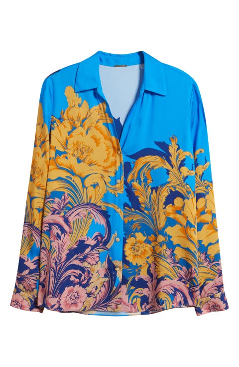 The Madeline Placed Floral Stretch Silk Button-Up Shirt