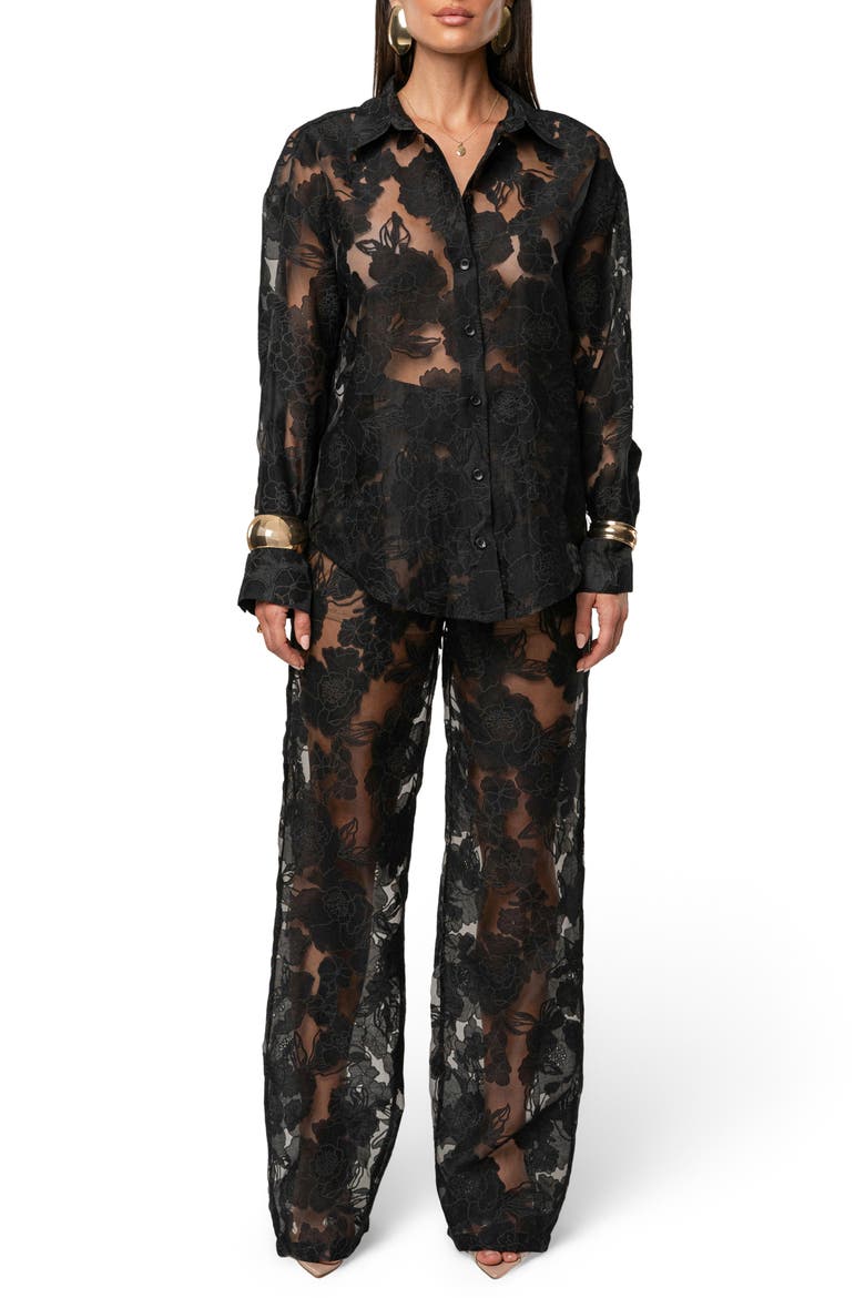Embroidered Floral Cotton Blend Organza Button-Up Shirt, Alternate, color, BLACK