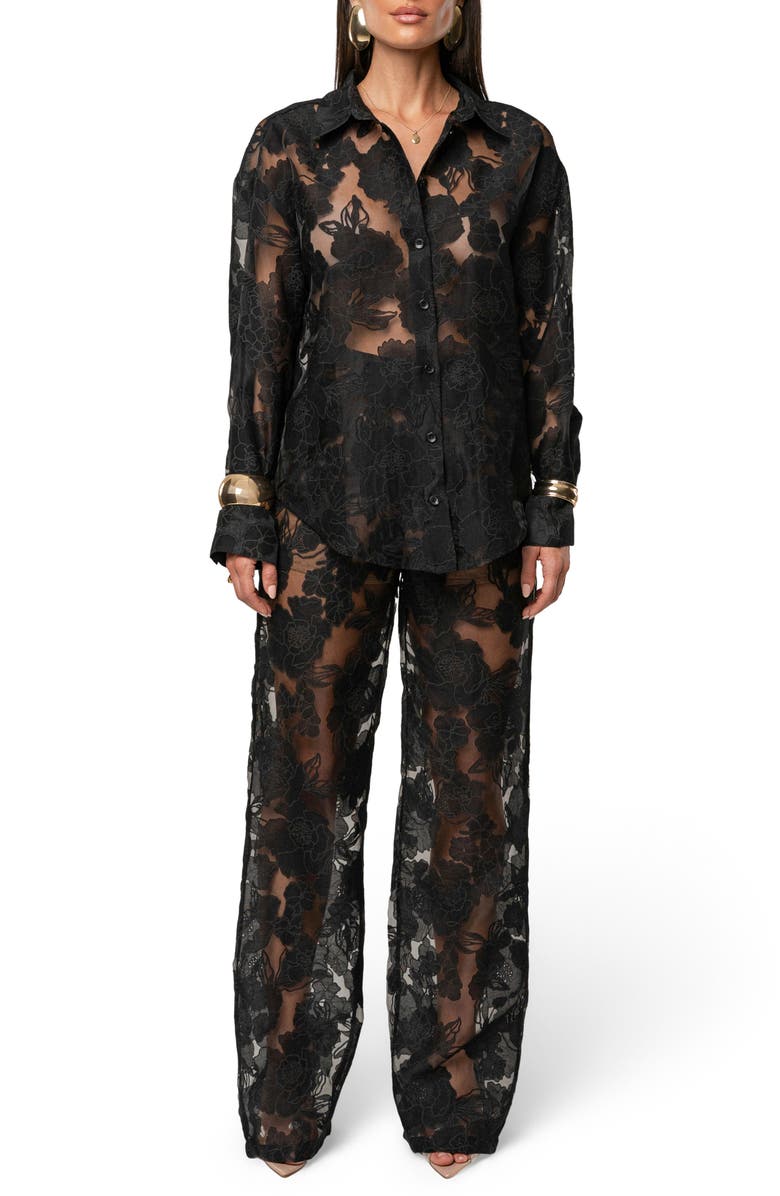 JLUXLABEL Embroidered Floral Cotton Blend Organza Button-Up Shirt, Alternate, color, Black