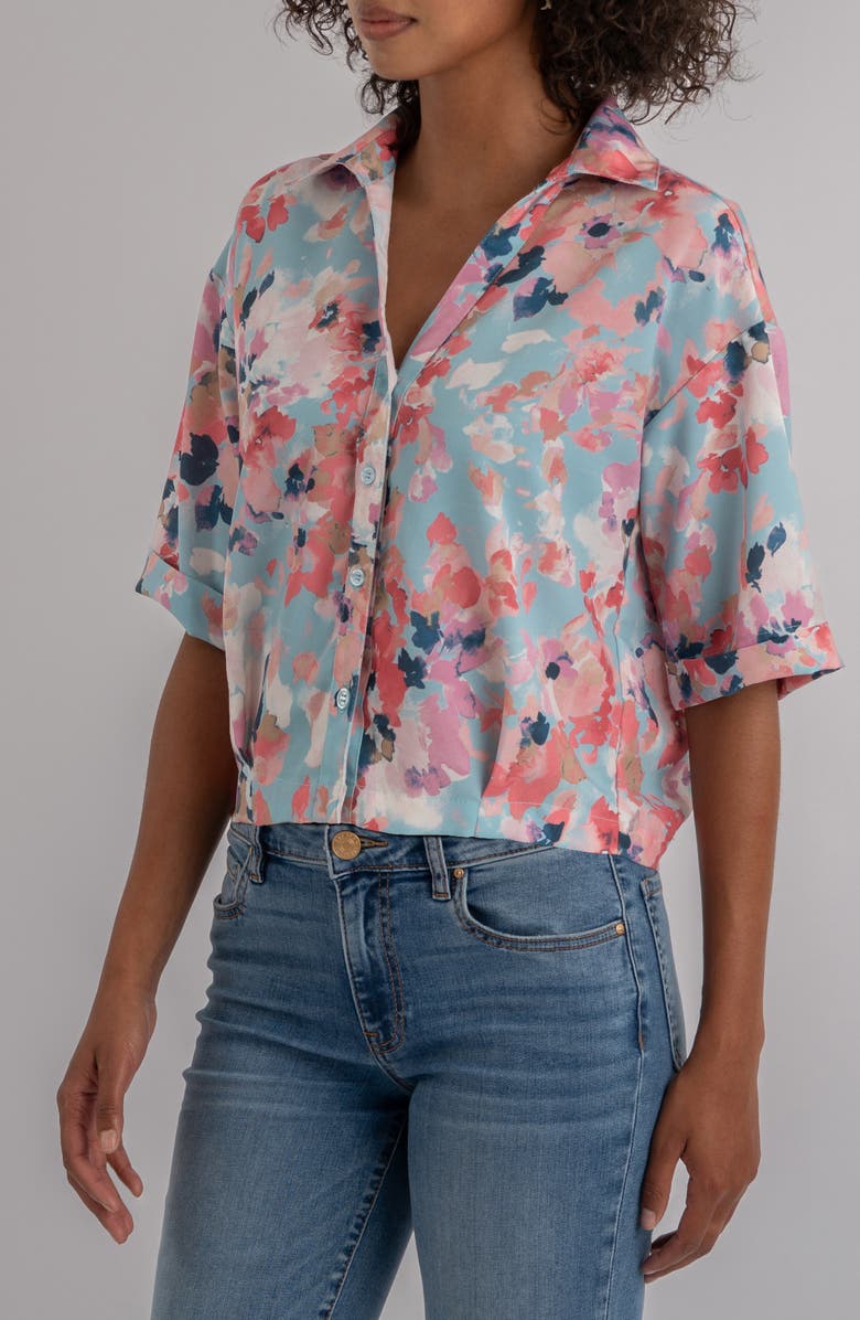 KUT from the Kloth Donna Floral Short Sleeve Button-Up Shirt, Alternate, color, Sky