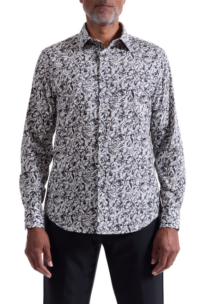 Julian Shaped Fit Floral Print Stretch Cotton Button-Up Shirt, Main, color, BLACK