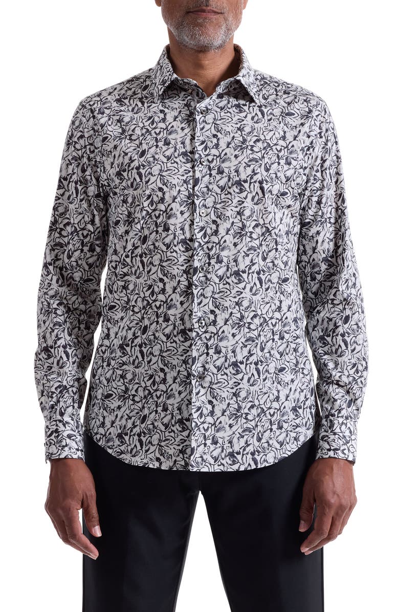 Bugatchi Julian Shaped Fit Floral Print Stretch Cotton Button-Up Shirt, Main, color, Black