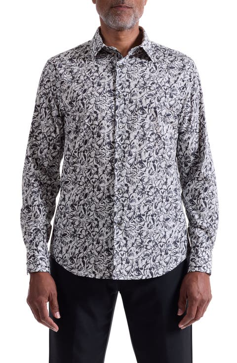 Julian Shaped Fit Floral Print Stretch Cotton Button-Up Shirt