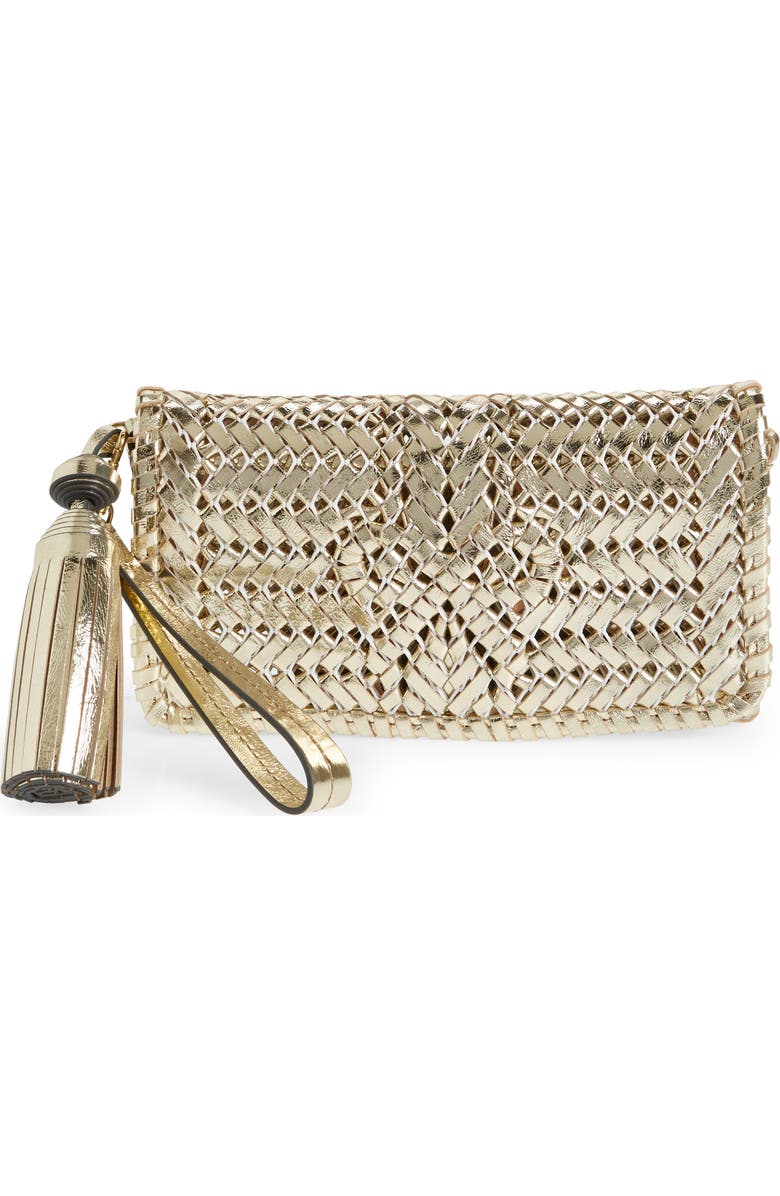 Anya Hindmarch The Neeson Herringbone Woven Metallic Leather Tassel Clutch, Main, color, Platino