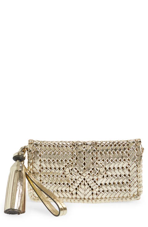 The Neeson Herringbone Woven Metallic Leather Tassel Clutch