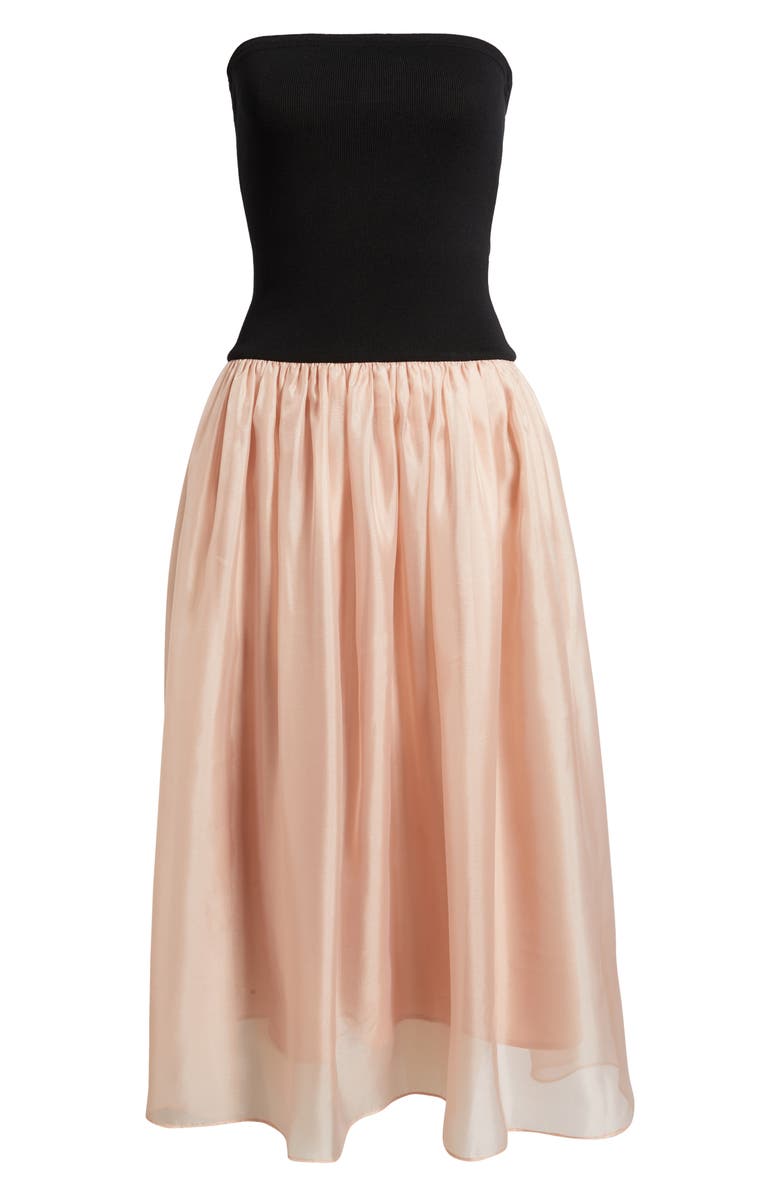 MOON RIVER Strapless Mixed Media Midi Dress, Alternate, color, Black/ Pink