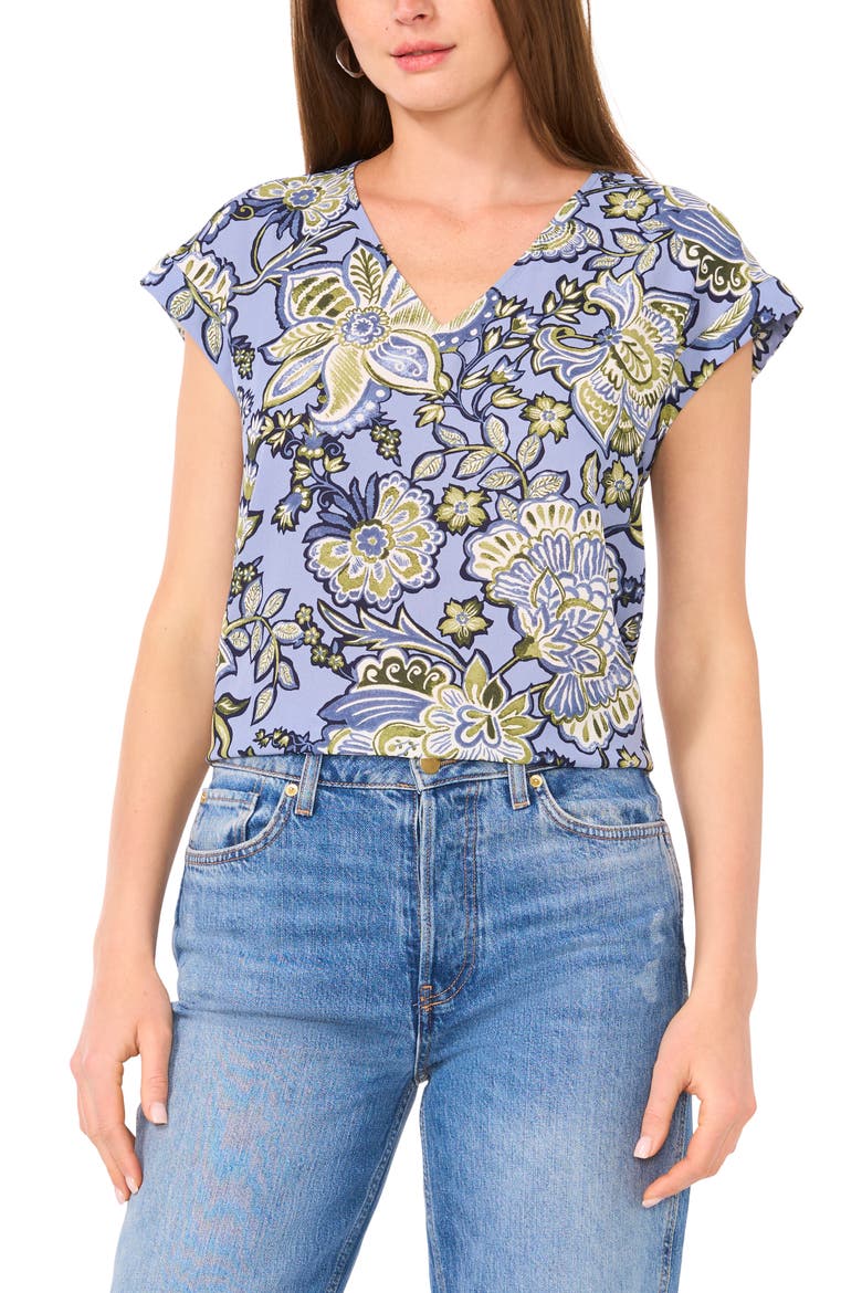 Print V-Neck Top, Main, color, VINTAGE BLUE