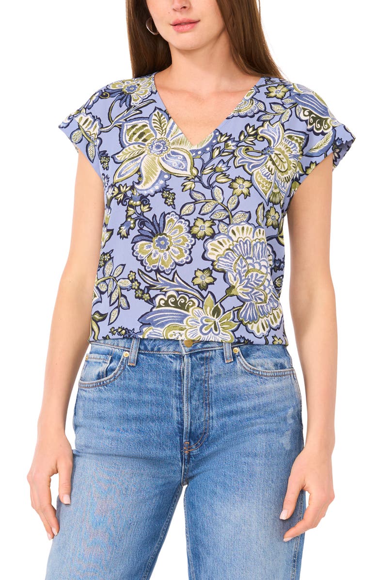 Vince Camuto Print V-Neck Top, Main, color, Vintage Blue