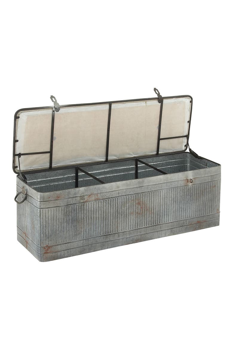 Gray Metal Galvanized Storage Bench with Cream Burlap Top, Alternate, color, GREY