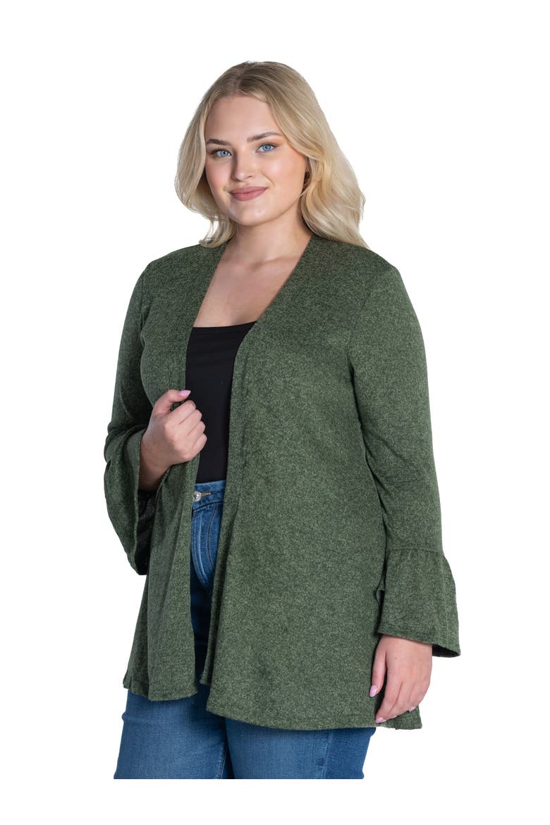 Plus Size Knit Three Quarter Bell Sleeve Open Cardigan, Alternate, color, Olive