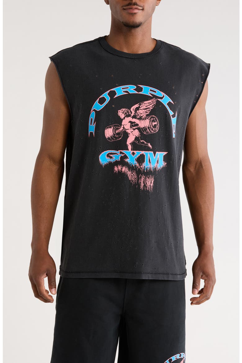 Textured Sleeveless Cotton Graphic T-Shirt, Main, color, BLACK