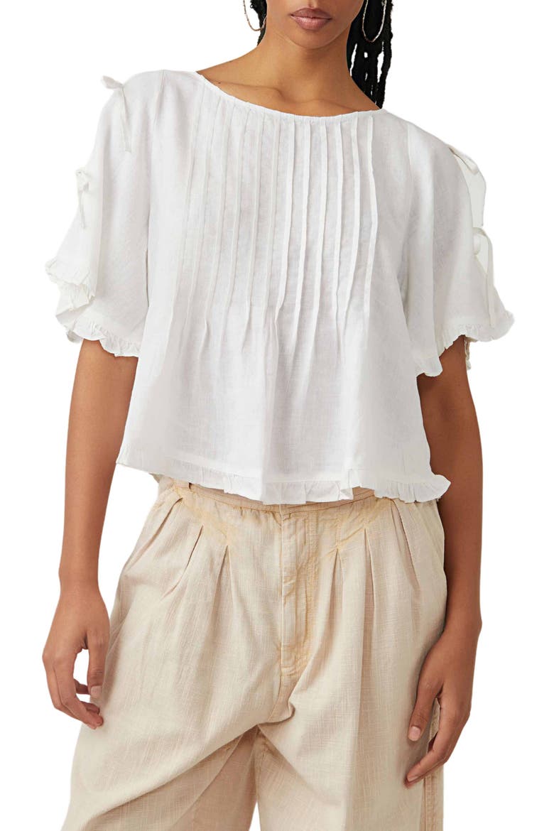 Lillia Pintuck Crop Linen Blend Top, Main, color, WHITE