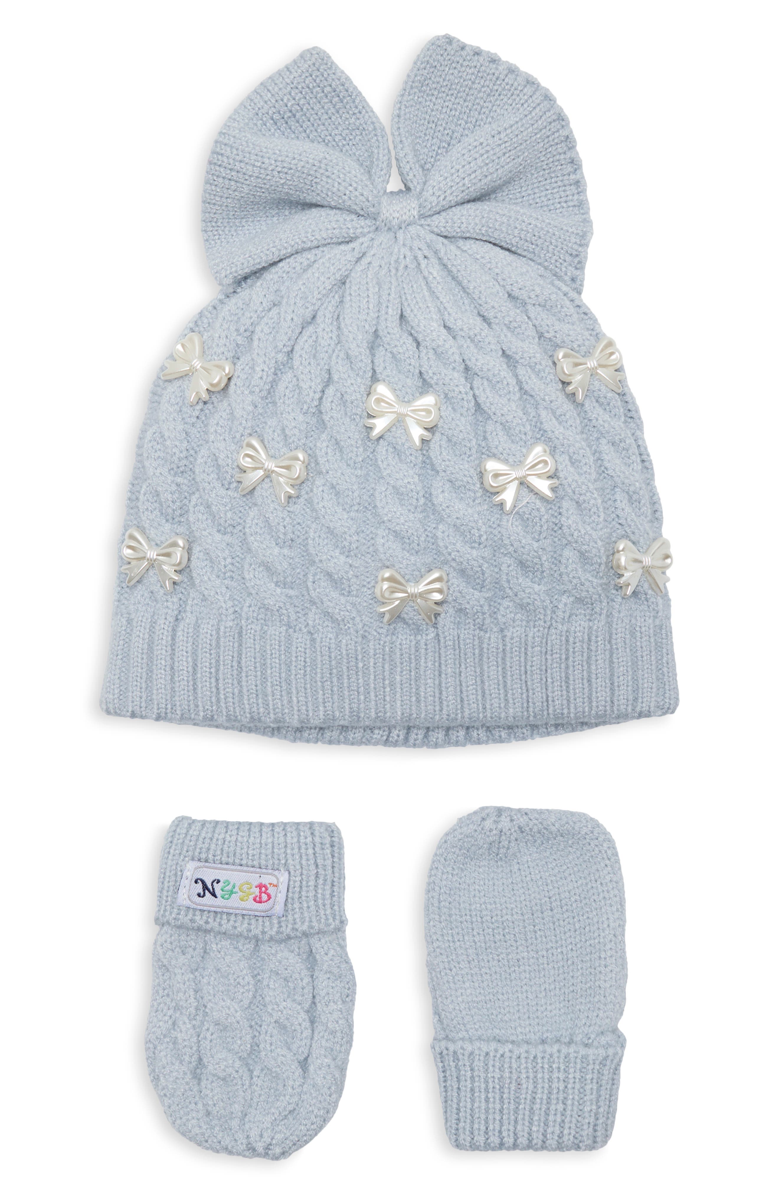 Pearl Bow Hat and Mittens Set