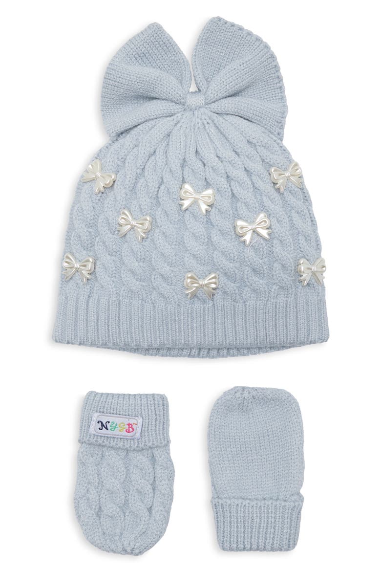Pearl Bow Hat and Mittens Set, Main, color, ICY BLUE
