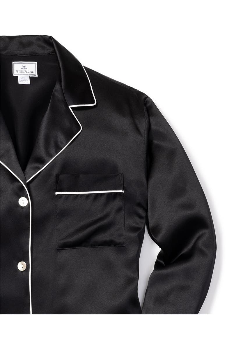 Petite Plume Contrast Piping Silk Pajamas, Alternate, color, Black