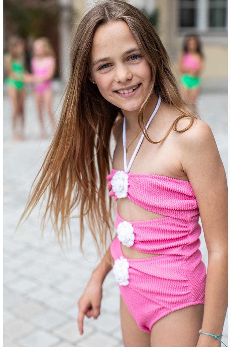 Hand-Made Crochet Flower Detail Cut-Out One Piece Swimsuit, Little Kid-Big Kid, Alternate, color, Pink