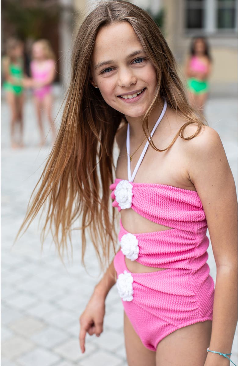 NESSI BYRD Hand-Made Crochet Flower Detail Cut-Out One Piece Swimsuit, Little Kid-Big Kid, Alternate, color, Pink