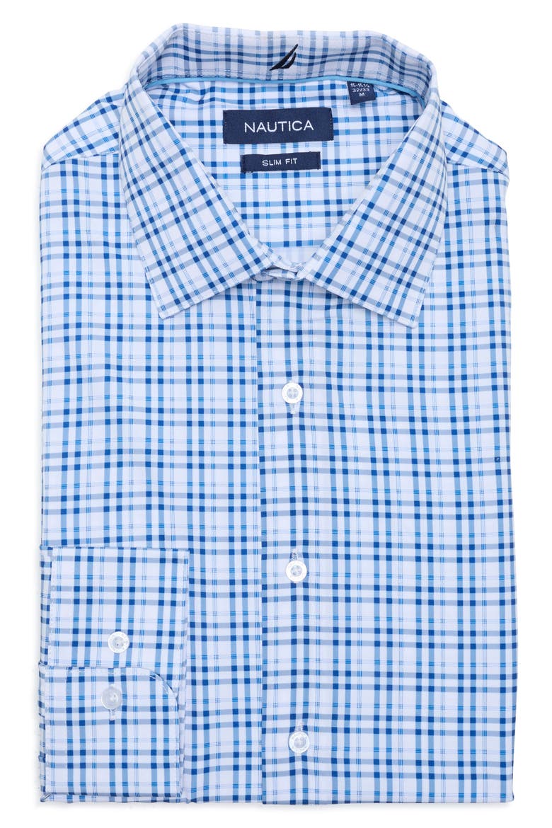 Slim Fit Geo Print Stretch Dress Shirt, Main, color, WHITE,BLUE