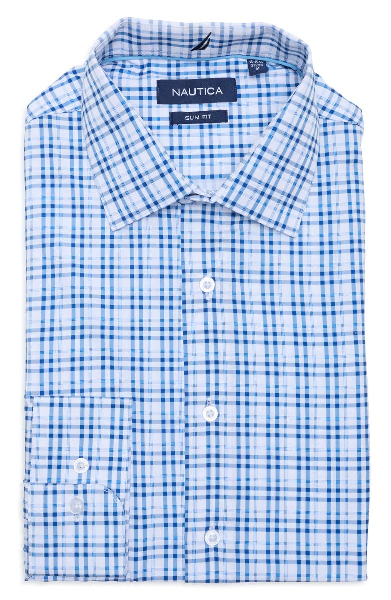 Nautica Slim Fit Geo Print Stretch Dress Shirt, Main, color, White,Blue