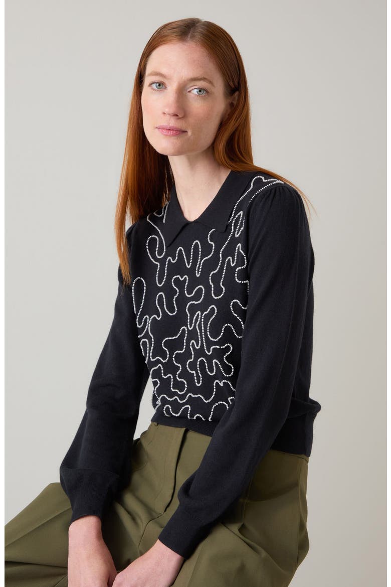Judy Embellished Cotton & Merino Wool Collared Sweater, Alternate, color, BLACK CREAM