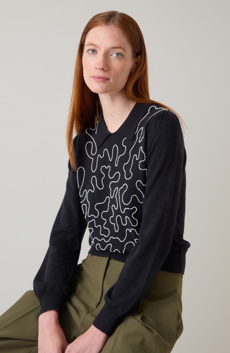 LK Bennett Judy Embellished Cotton & Merino Wool Collared Sweater, Alternate, color, Black Cream