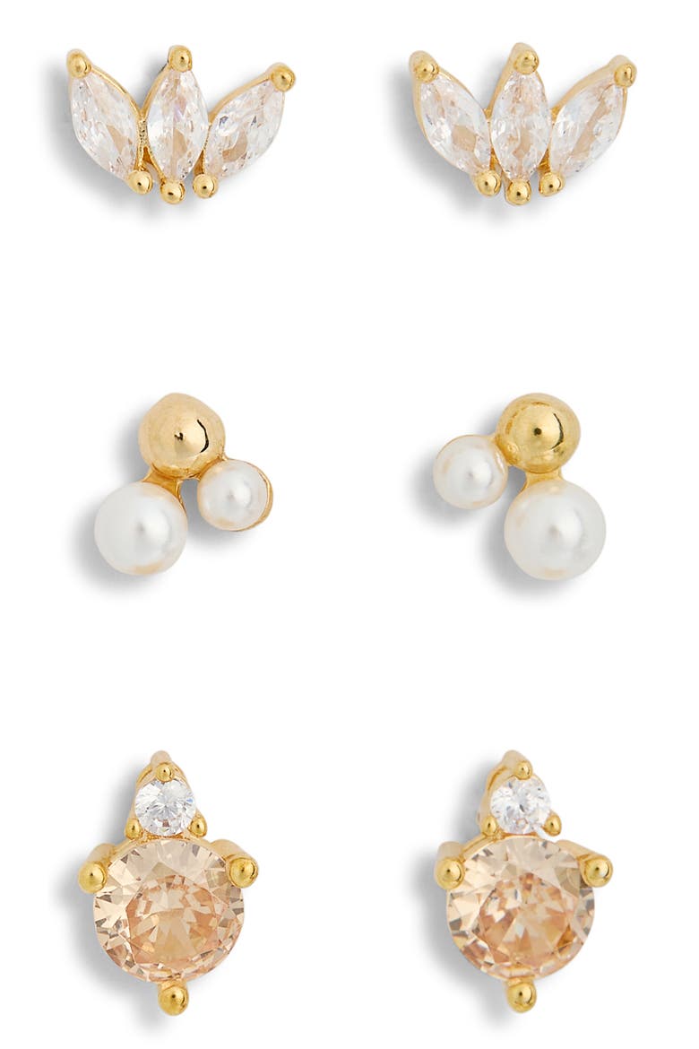 3-Pack CZ & Faux Pearl Assorted Flatback Stud Earrings, Alternate, color, CLEAR- WHITE- GOLD