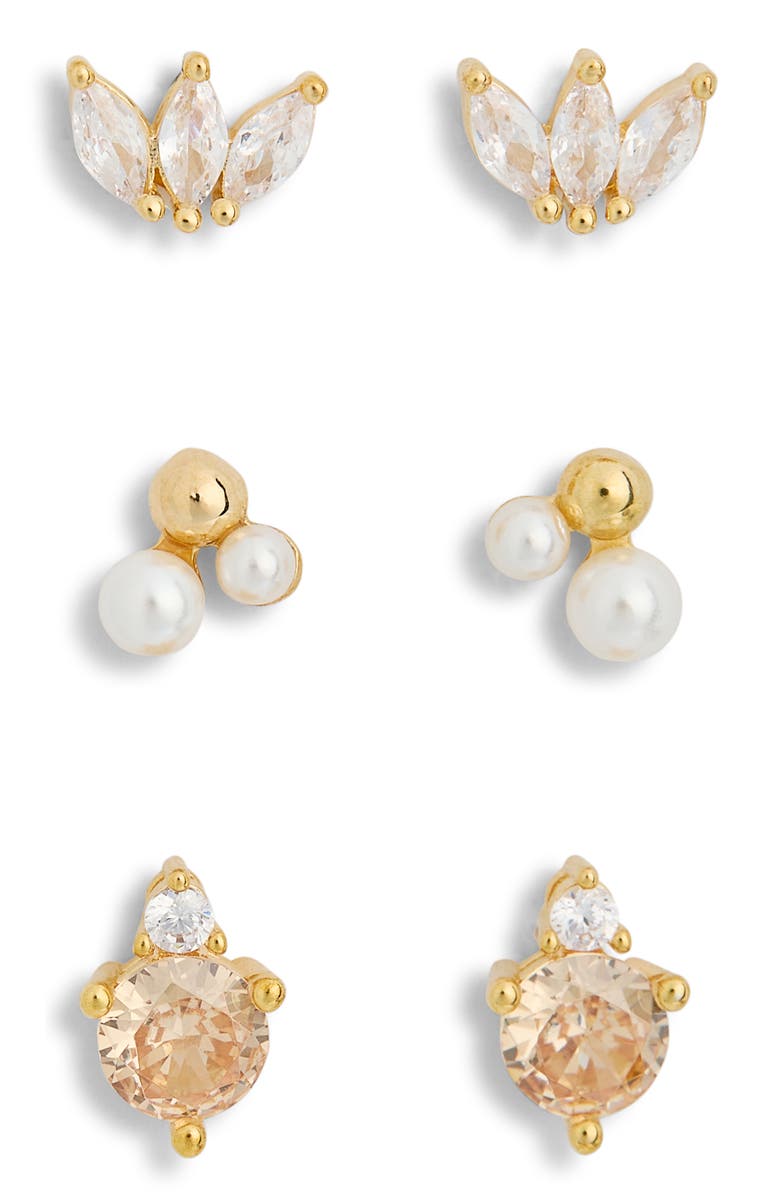 Leith 3-Pack CZ & Faux Pearl Assorted Flatback Stud Earrings, Alternate, color, Clear- White- Gold