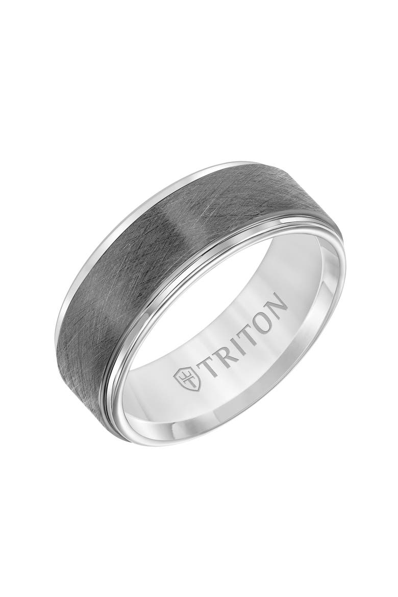8MM Tungsten Carbide Ring with Gunmetal Crystalline Center and Step Edge, Main, color, Metallic Silver