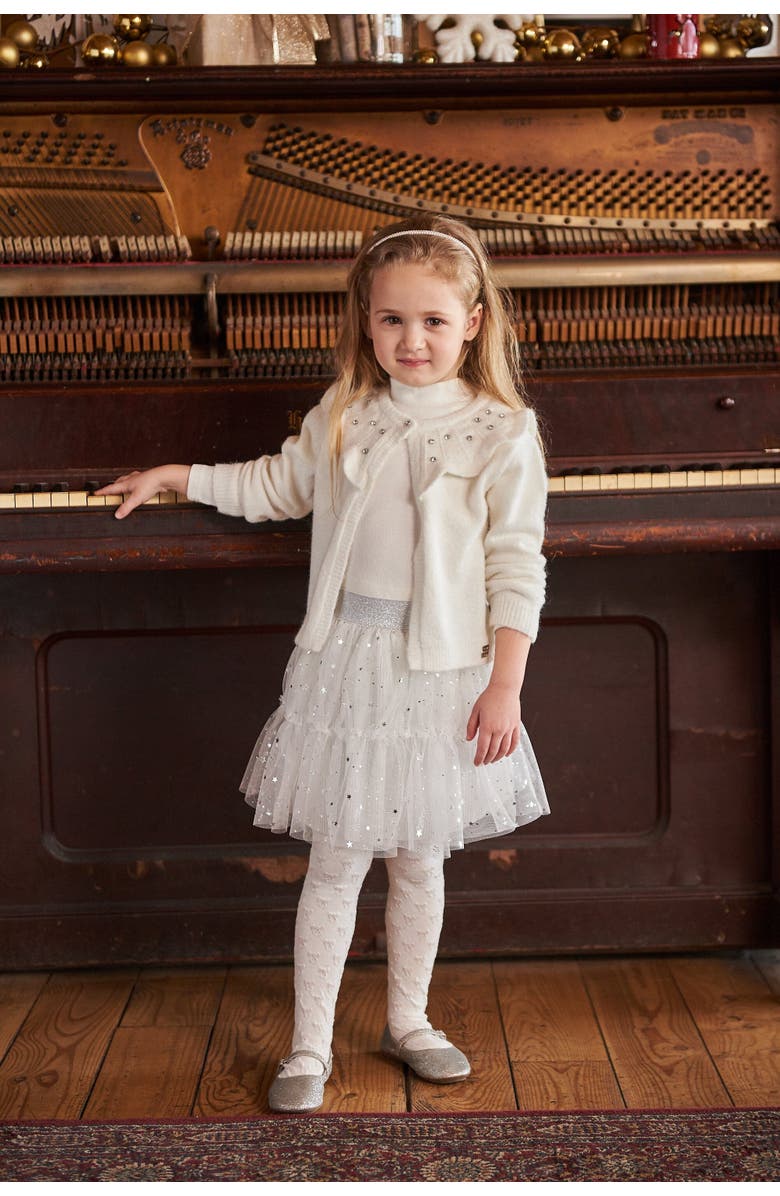 Deux par Deux Girl's Knitted Cardigan With Beaded Collar Off White, Alternate, color,