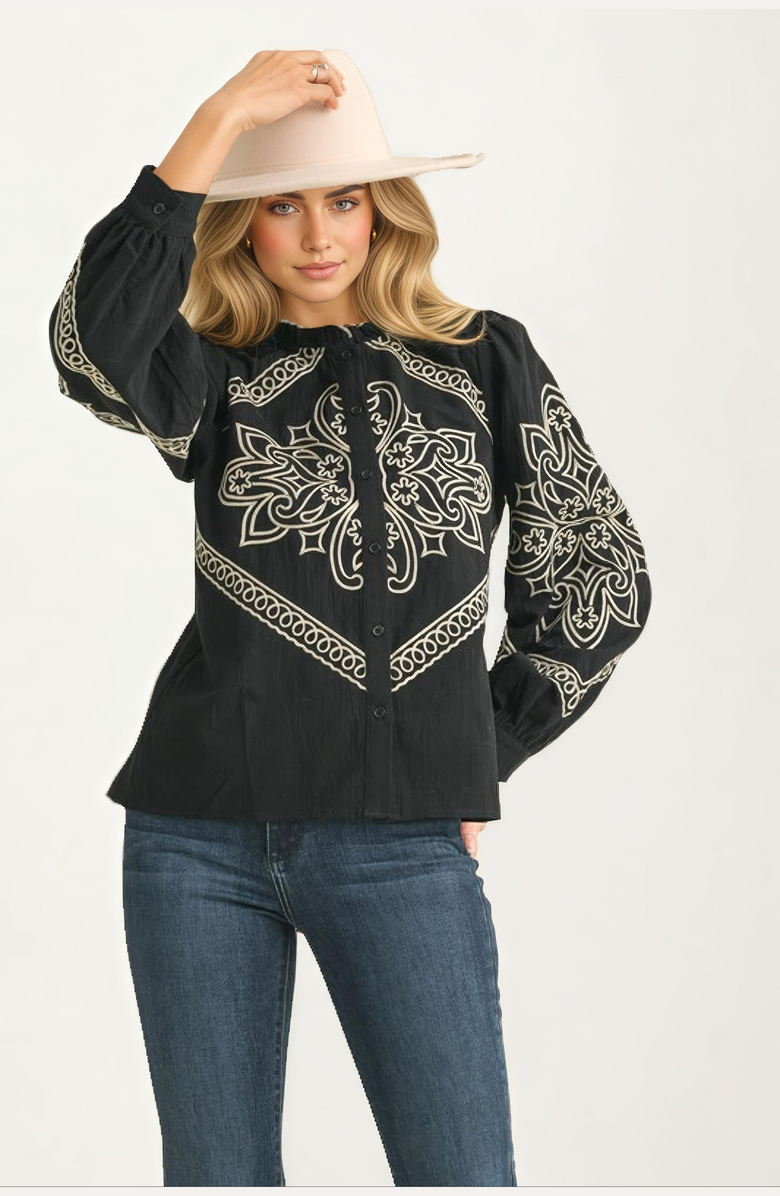 Knit and Lounge Embroidered Western Button-Up Blouse, Alternate, color, Black